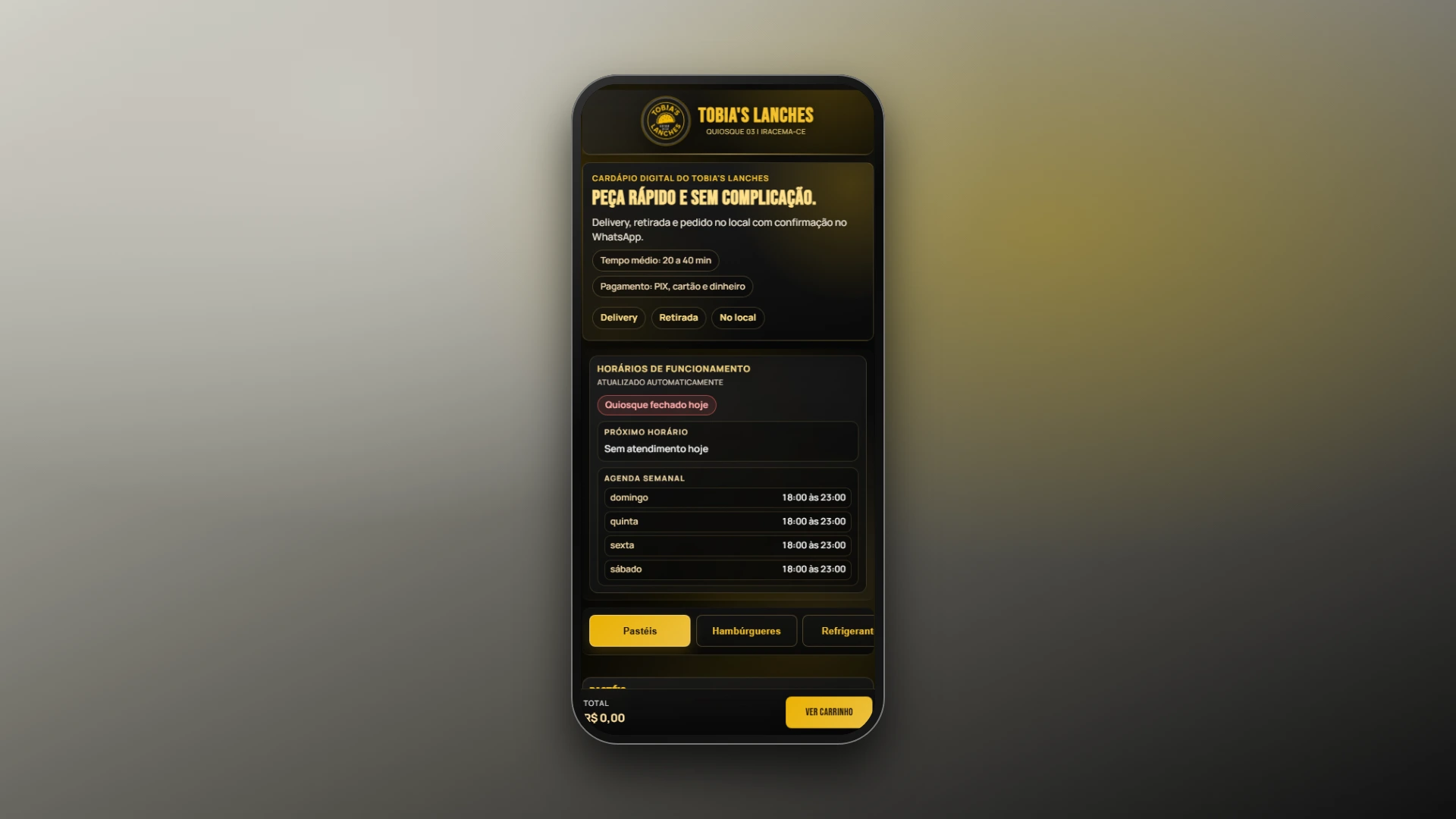 Interface em celular da primeira versão do Cardápio Digital