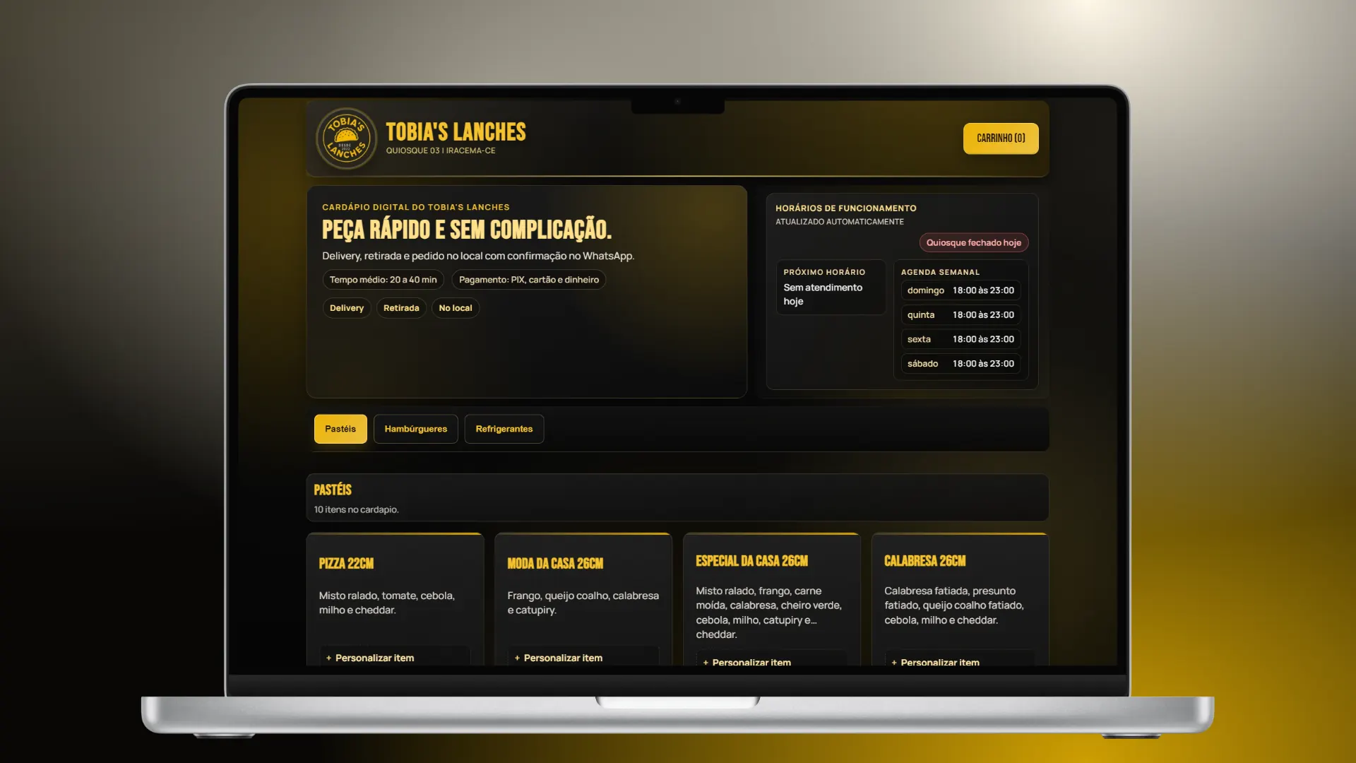 Interface em computador da primeira versão do Cardápio Digital